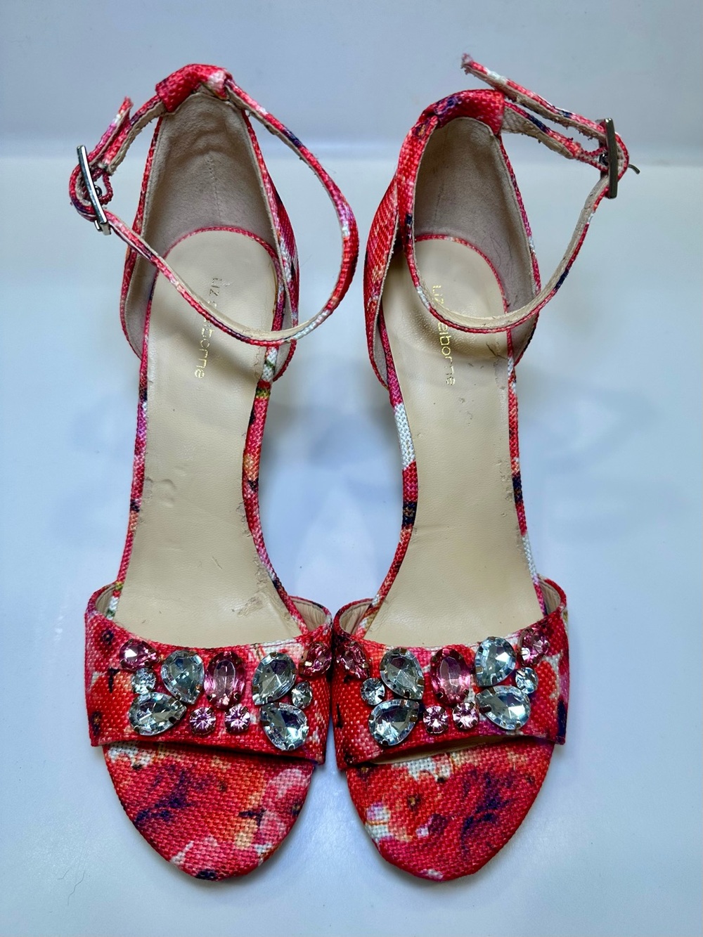 Liz Claiborne Red Floral Crystal-Embellished Ankle-Strap Heels